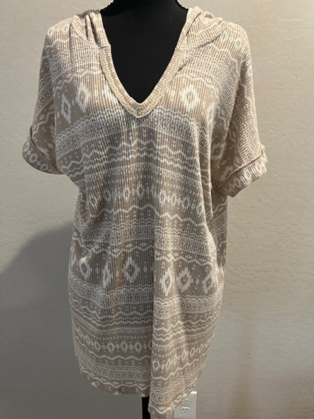 HEMISH USA Beige Boho Hooded Tunic Top XL Tribal Print